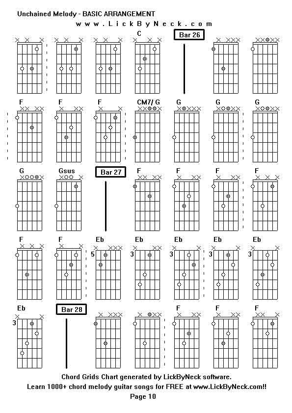 Chord Grids Chart of chord melody fingerstyle guitar song-Unchained Melody - BASIC ARRANGEMENT,generated by LickByNeck software.